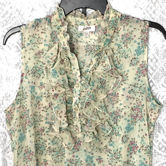 Grane Floral Tank Top L Purple Aqua Blue Creme Tan Semi Sheer Stretch Ruffle - Picture 2 of 9